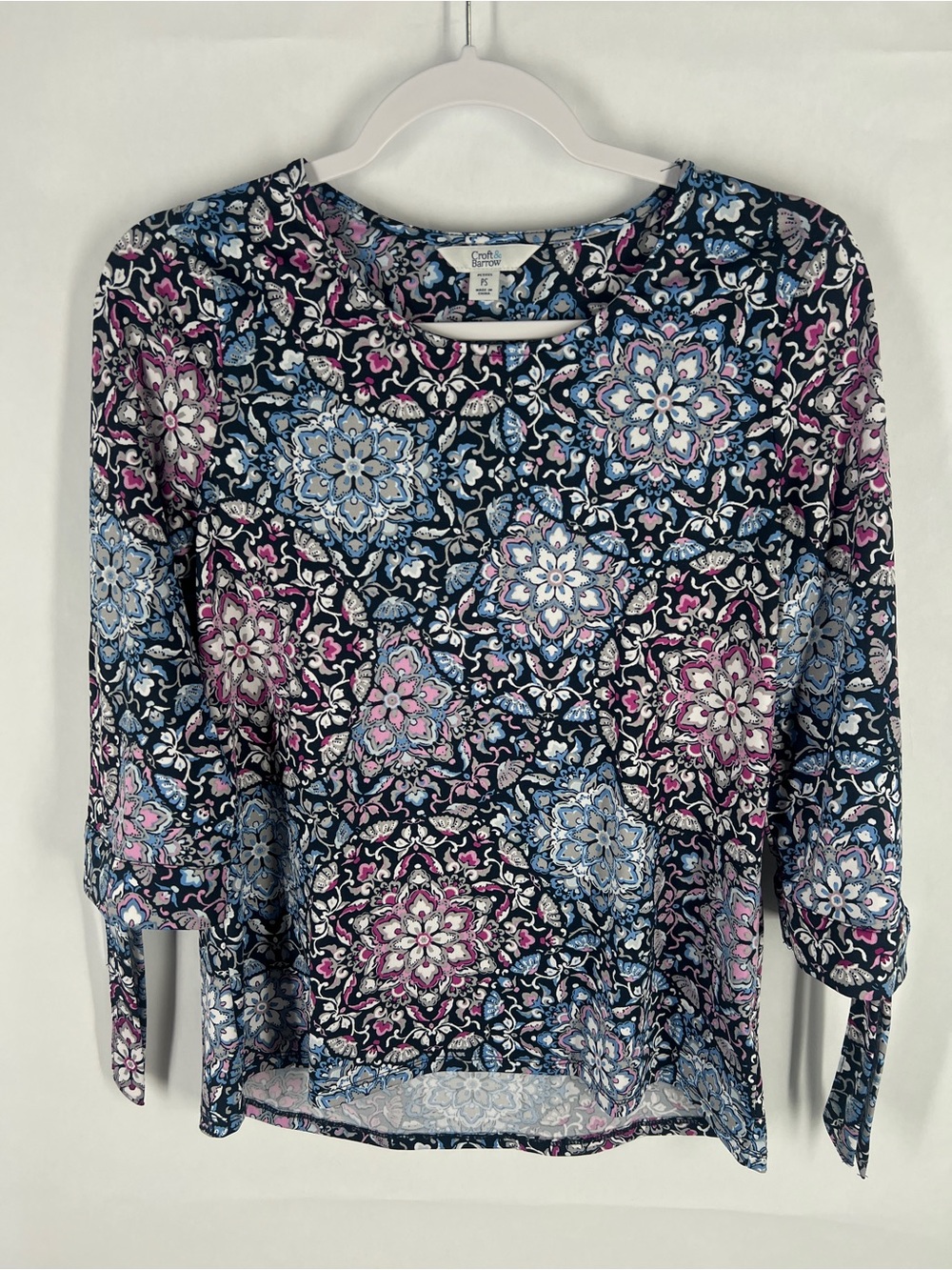 Croft‎ & Barrow Petite Floral Print Tie Sleeve Top Size PS Navy Blue Stretch